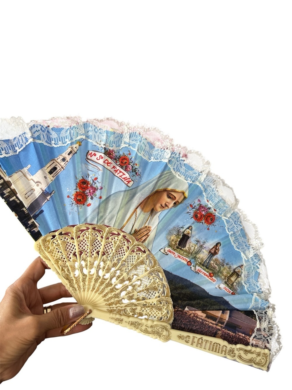 White Lace Hand Fan Mother Mary Devotional Religious